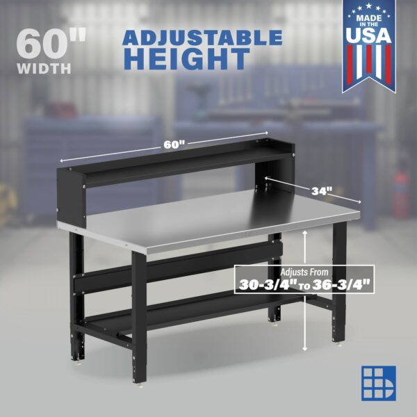 Image showcasing adjustable workbench and sizes for a 60" x 34" Wide Adjustable Height Garage Stainless Steel Workbenches