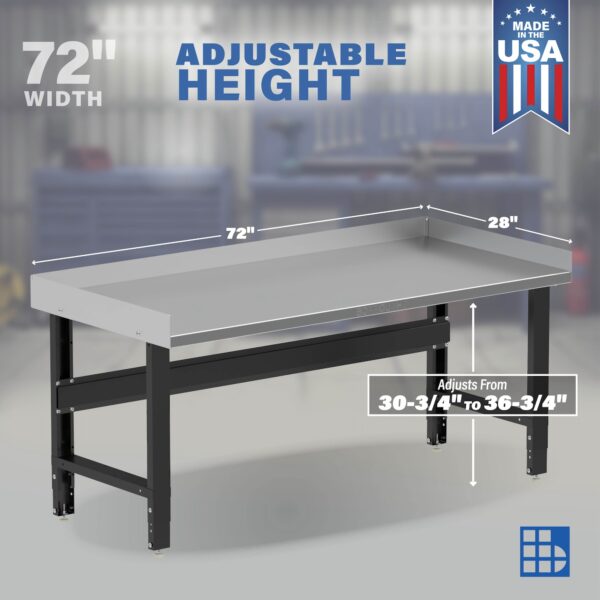 Image showcasing adjustable workbench and sizes for a 72" stainless steel workbench for sale