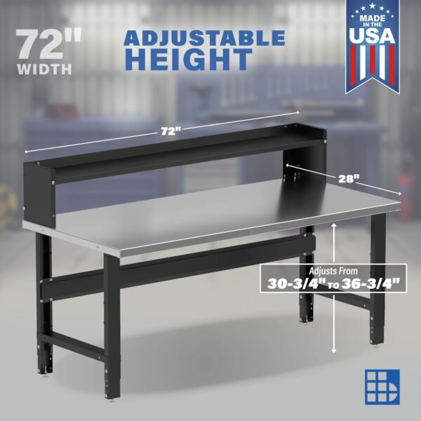 Image showcasing adjustable workbench and sizes for 72" Wide stainless steel Workbenches for the garage