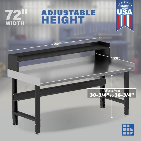 Image showcasing adjustable workbench and sizes for a 72" Wide Adjustable Height Garage Stainless Steel Workbench