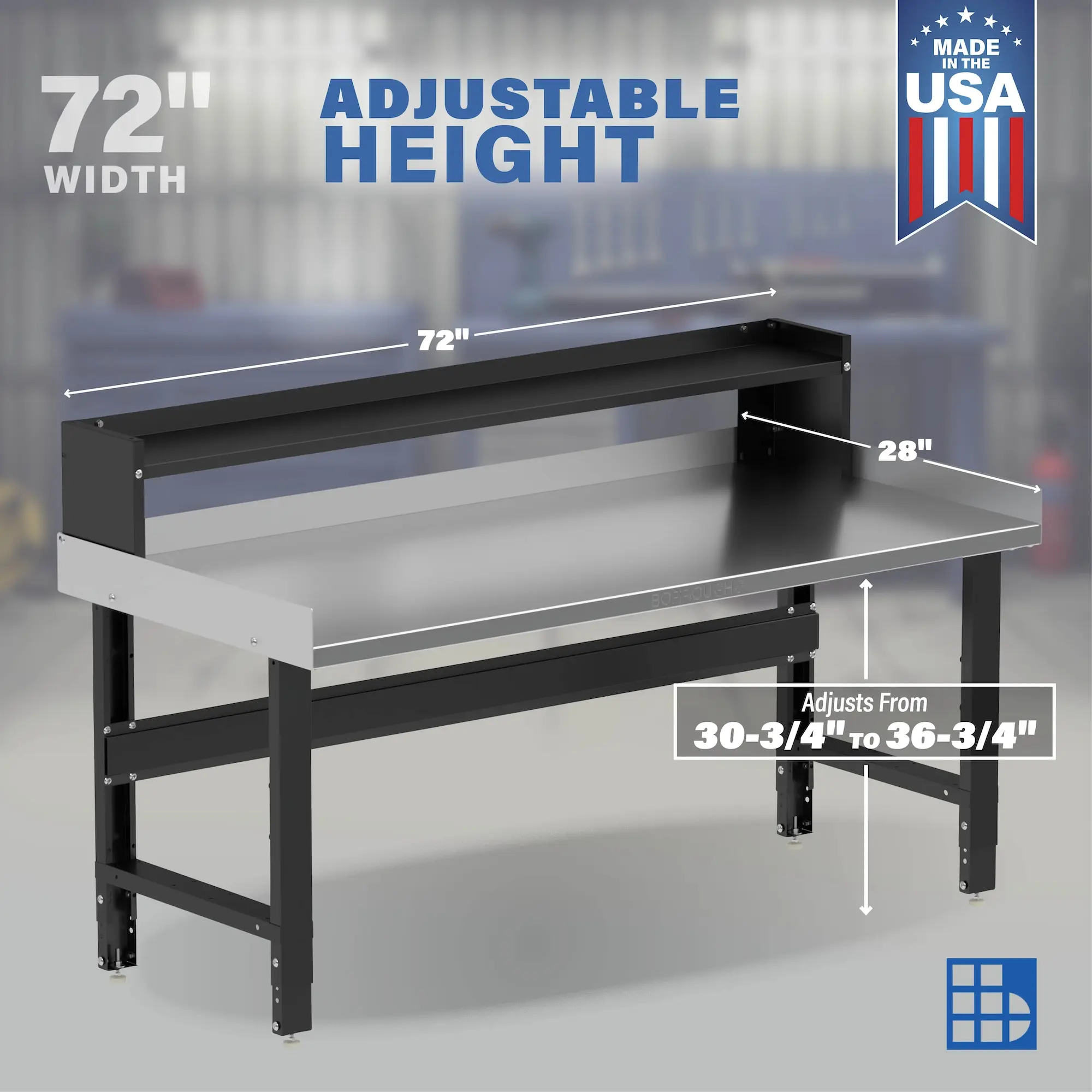Image showcasing adjustable workbench and sizes for a 72" Wide Adjustable Height Garage Stainless Steel Workbench