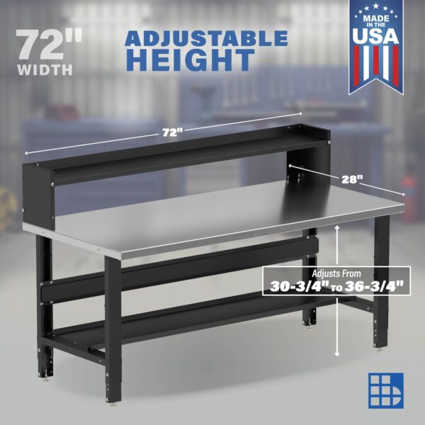 Image showcasing adjustable workbench and sizes for a 72" Wide Large Stainless Steel Workbench