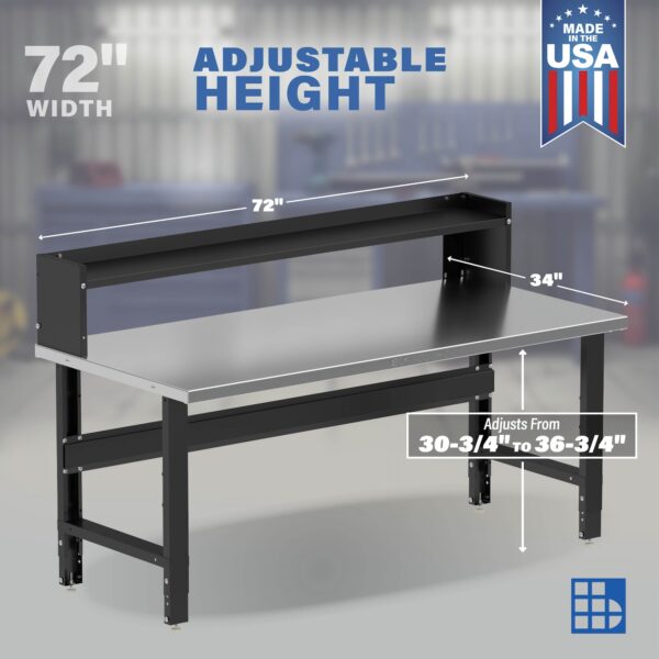 Image showcasing adjustable workbench and sizes for 72" x 34" Wide stainless steel Workbenches for the garage