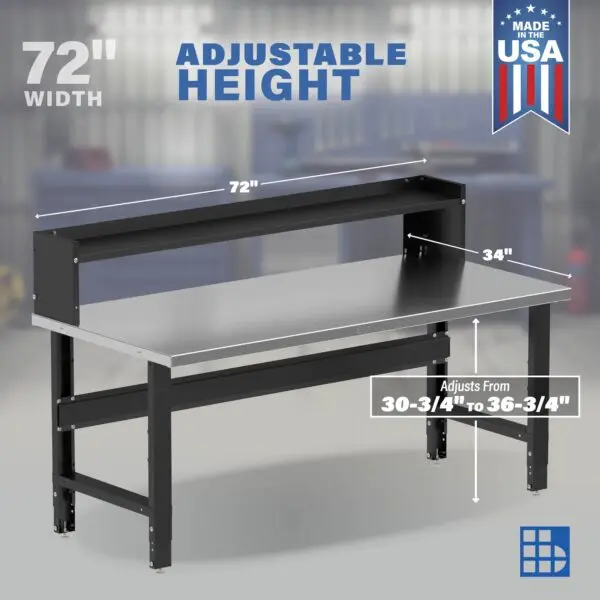 Image showcasing adjustable workbench and sizes for 72" x 34" Wide stainless steel Workbenches for the garage