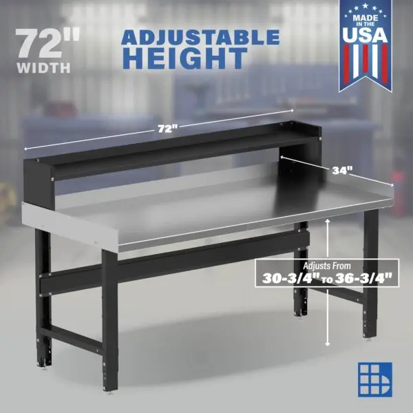 Image showcasing adjustable workbench and sizes for a 72" x 34" Wide Adjustable Height Garage Stainless Steel Workbench