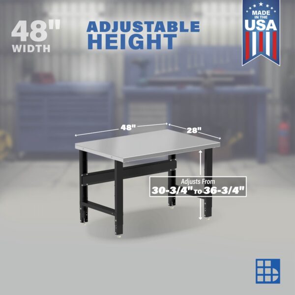 Image showcasing adjustable workbench and sizes for a 4 ft stainless steel workbench