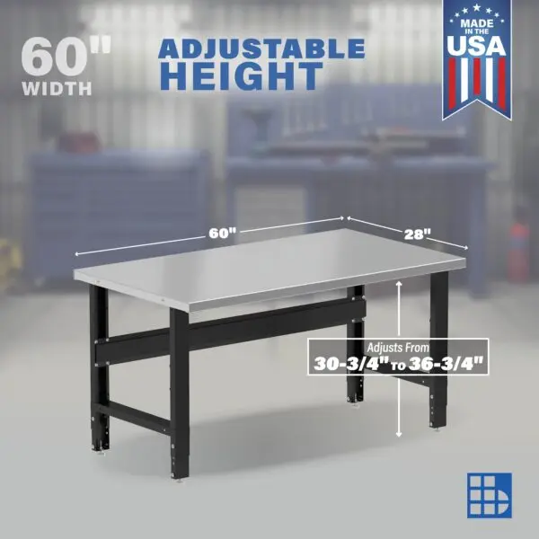Image showcasing adjustable workbench and sizes for a 60 inch stainless steel workbench