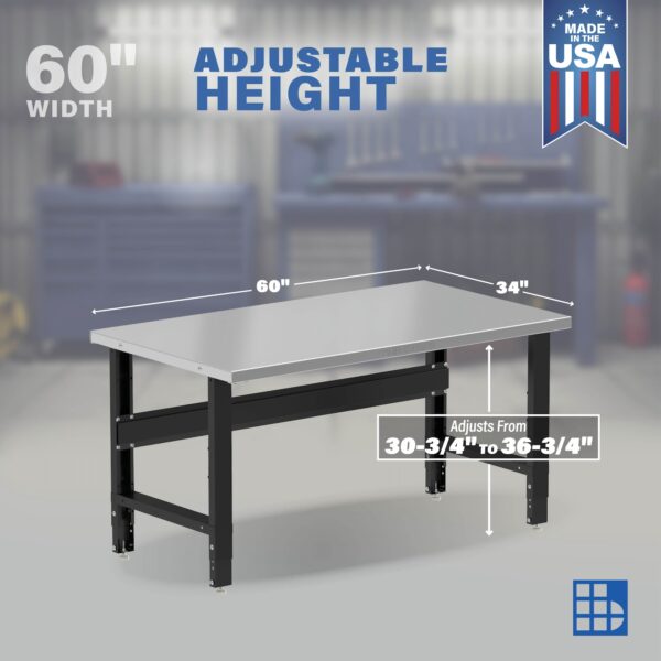 Image showcasing adjustable workbench and sizes for a 60 x 34 inch stainless steel workbench