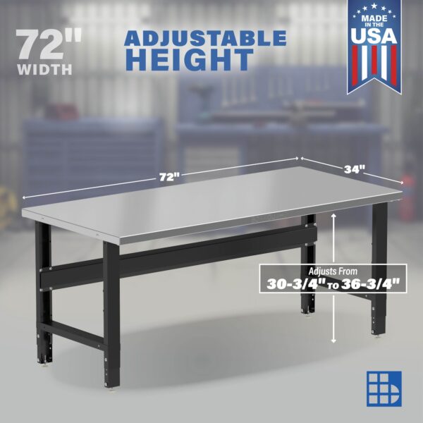 Image showcasing adjustable workbench and sizes for a 6ft x 34" stainless steel workbench