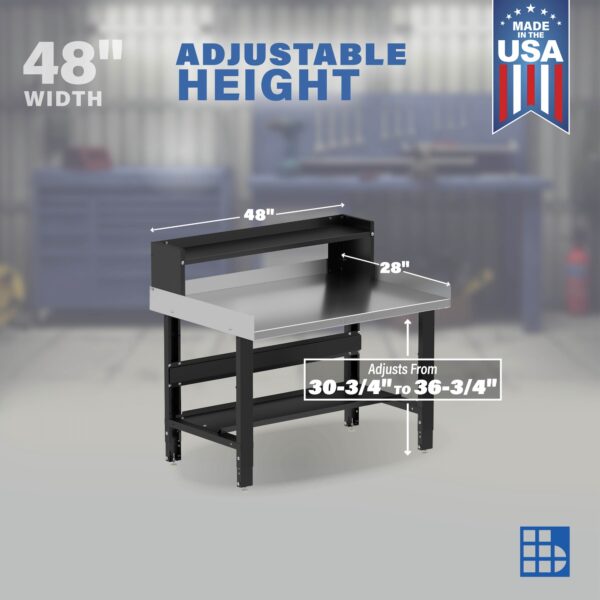 Image showcasing adjustable workbench and sizes for a 48" stainless steel top work bench for sale