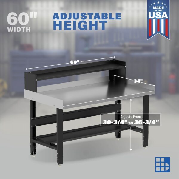 Image showcasing adjustable workbench and sizes for a 60" x 34" Wide stainless steel work bench for sale