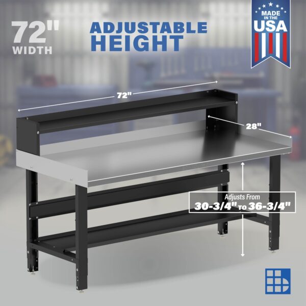Image showcasing adjustable workbench and sizes for a 72" Wide stainless steel work bench for sale