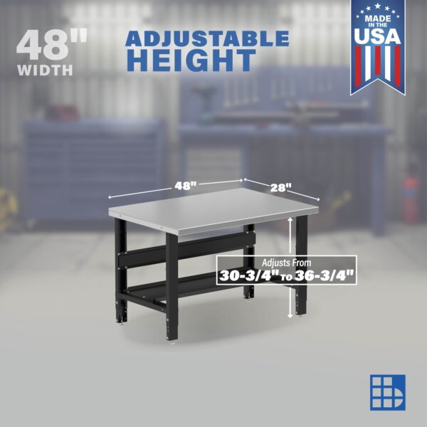 Image showcasing adjustable workbench and sizes for a 48" adjustable height stainless steel workbench