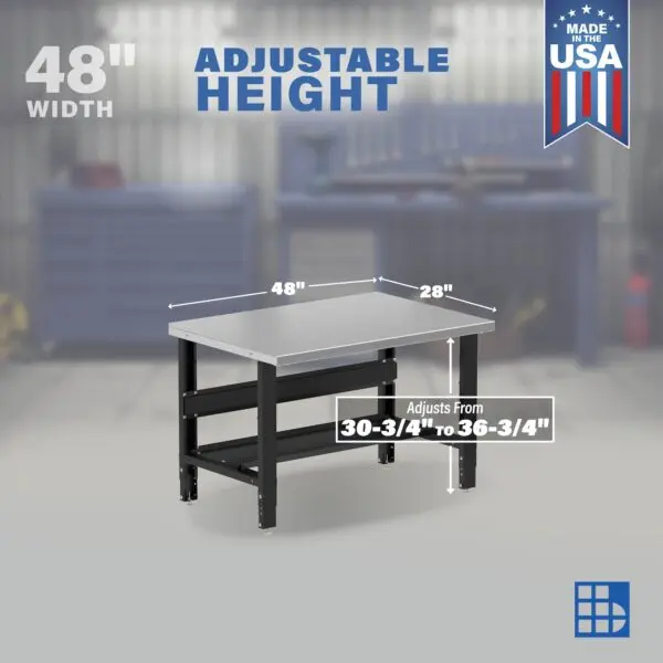 Image showcasing adjustable workbench and sizes for a 48" adjustable height stainless steel workbench