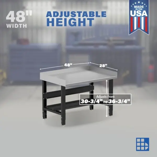 Image showcasing adjustable workbench and sizes for a 48" Heavy Duty Stainless Steel Workbench