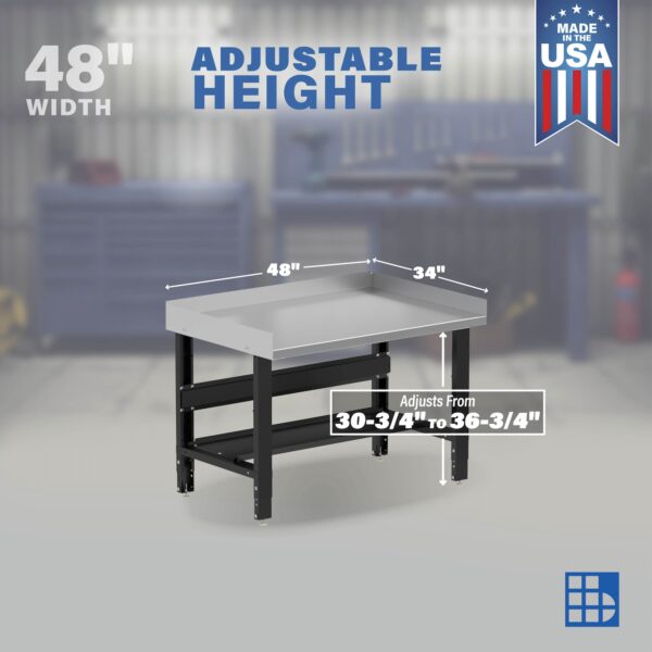 Image showcasing adjustable workbench and sizes for a 48" x 34" Heavy Duty Stainless Steel Workbench