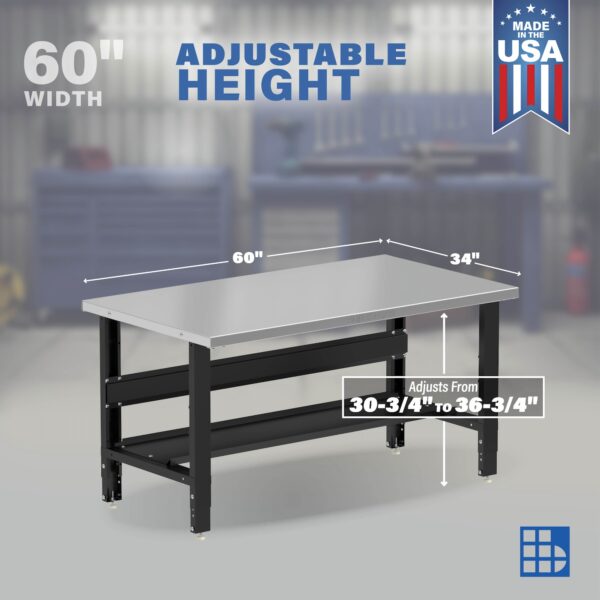 Image showcasing adjustable workbench and sizes for a 60" x 34" Wide Adjustable Height Stainless Steel work bench