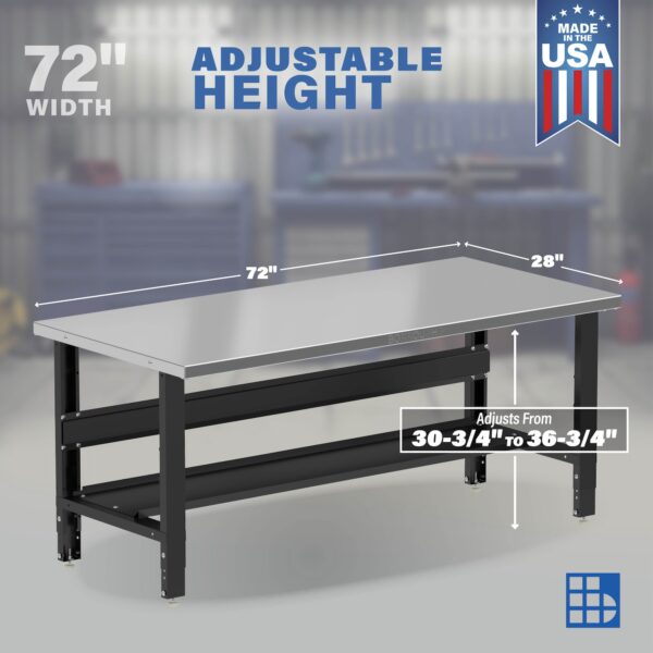 Image showcasing adjustable workbench and sizes for a 72" Wide Adjustable Stainless Steel work bench