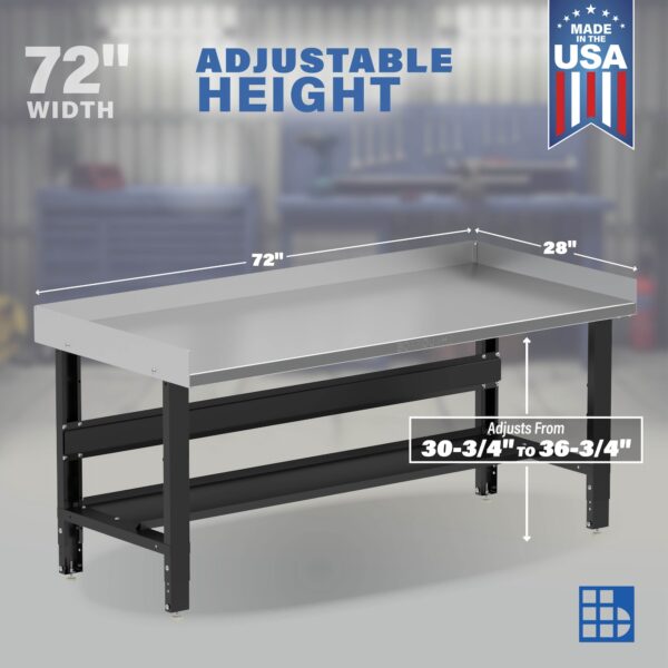 Image showcasing adjustable workbench and sizes for a 72" Wide Heavy Duty stainless Steel Workbench