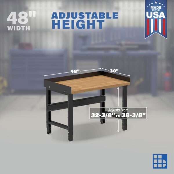Image showcasing adjustable workbench and sizes for a 48" wood top Workbench
