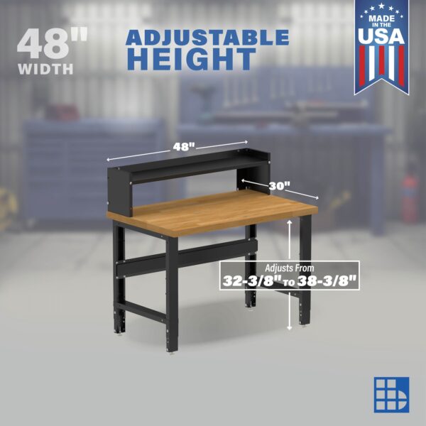 Image showcasing adjustable workbench and sizes for 48" Wide Wood Workbenches for Garages