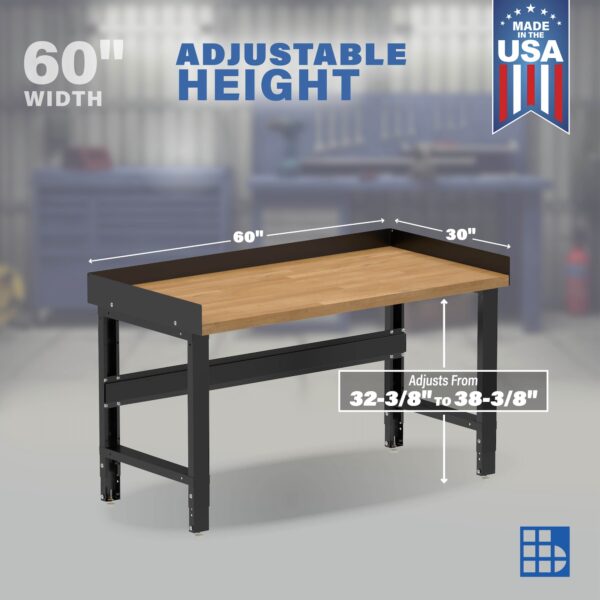 Image showcasing adjustable workbench and sizes for a 60" solid wood top workbench