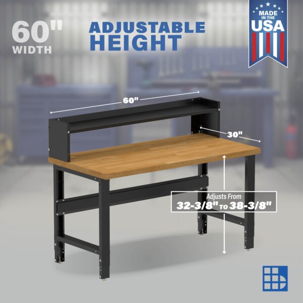 Image showcasing adjustable workbench and sizes for 60" Wide Wood Workbenches for Garages