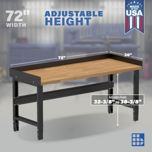 Image showcasing adjustable workbench and sizes for a 72" hardwood workbench