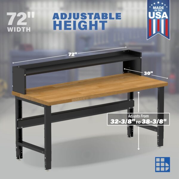 Image showcasing adjustable workbench and sizes for 72" Wide wood Workbenches for Garages