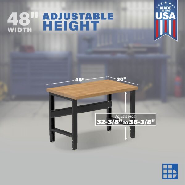 Image showcasing adjustable workbench and sizes for a 48 inch wood workbench