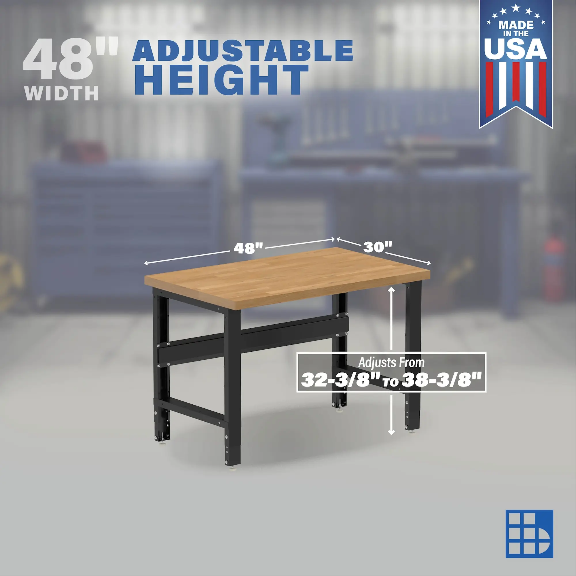 Image showcasing adjustable workbench and sizes for a 48 inch wood workbench