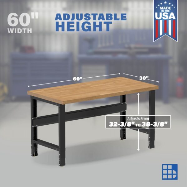 Image showcasing adjustable workbench and sizes for a 60 inch wood workbench