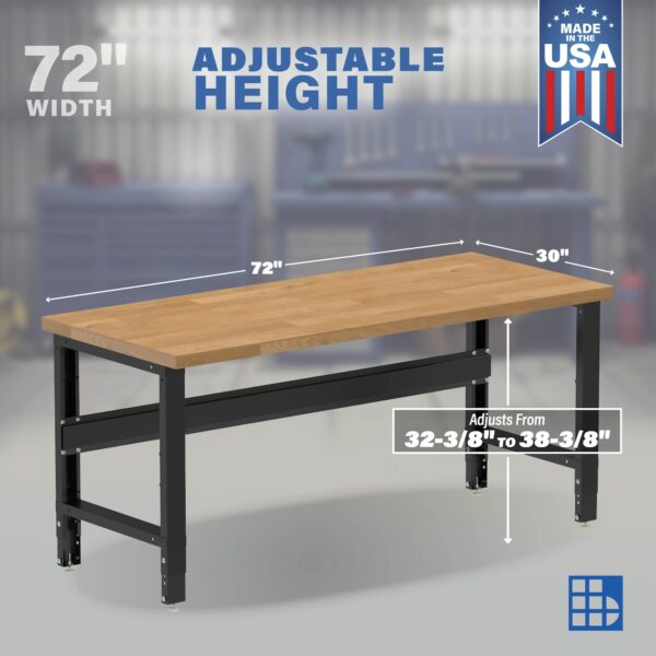 Image showcasing adjustable workbench and sizes for a 72 inch wood workbench