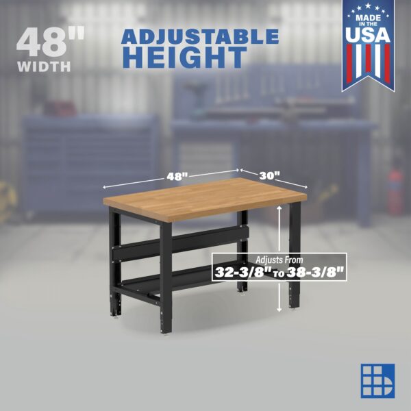 Image showcasing adjustable workbench and sizes for a 48" Wide Adjustable wood workbench