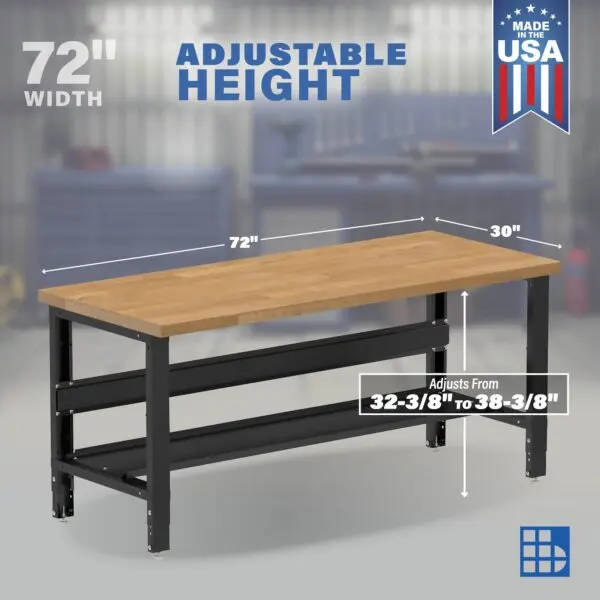 Image showcasing adjustable workbench and sizes for a 72" Wide Adjustable Height wood work bench