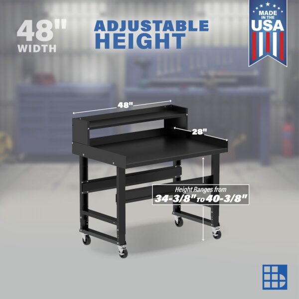 Image showcasing adjustable workbench and sizes for a 48" wide mobile work bench