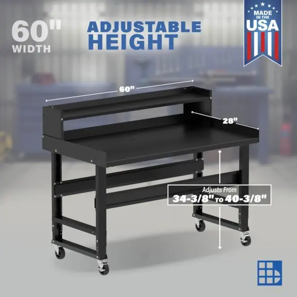 Image showcasing adjustable workbench and sizes for a 60" wide mobile work bench