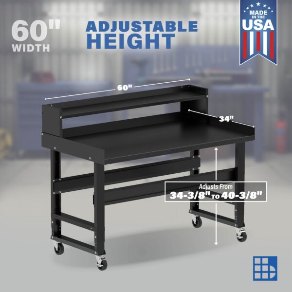 Image showcasing adjustable workbench and sizes for a 60" x 34" wide mobile work bench
