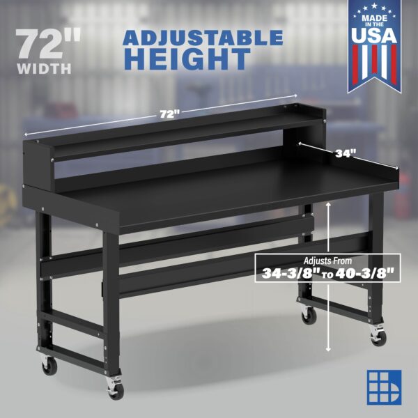 Image showcasing adjustable workbench and sizes for a 72" x 34" wide mobile work bench
