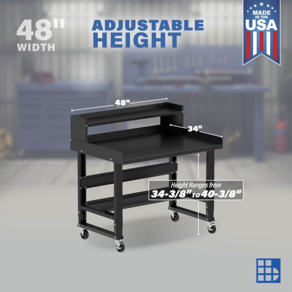 Image showcasing adjustable workbench and sizes for a 48 x 34 inch mobile workbench