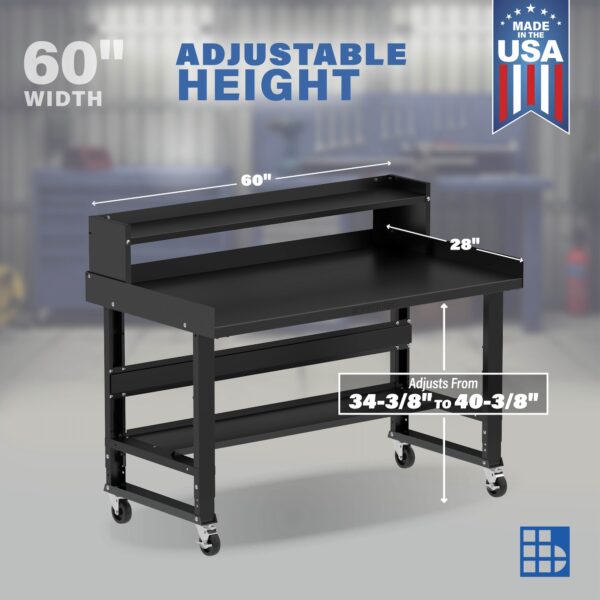 Image showcasing adjustable workbench and sizes for a 60 inch mobile workbench