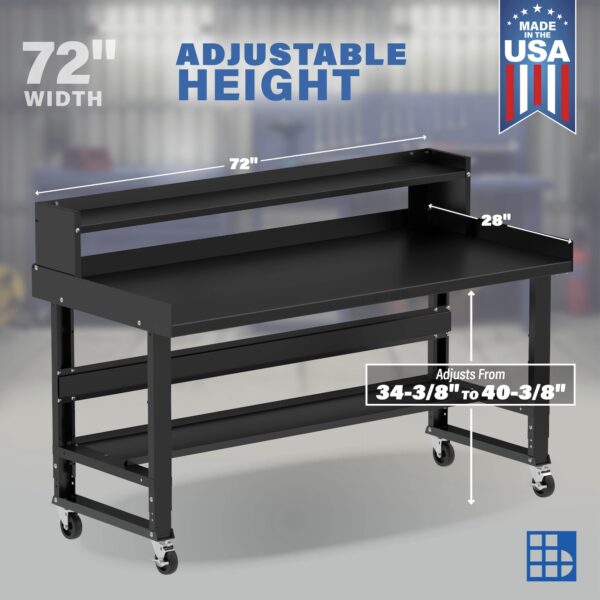 72" Wide Rolling Adjustable Height Workbenches with Steel Painted Top, Bottom Shelf, Ledge Shelf, Edge Guards, and Casters
