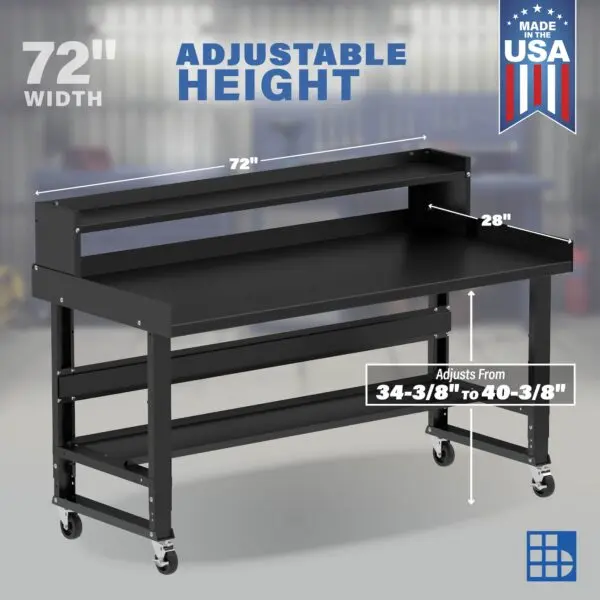 72" Wide Rolling Adjustable Height Workbenches with Steel Painted Top, Bottom Shelf, Ledge Shelf, Edge Guards, and Casters