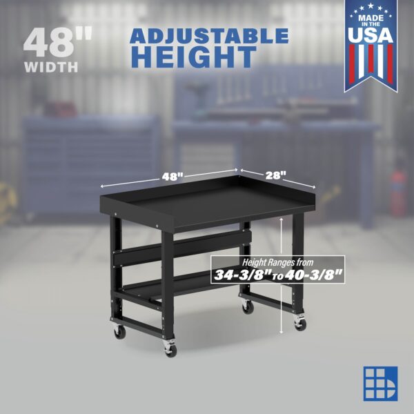 Image showcasing adjustable workbench and sizes for a 48" wide rolling garage workbench