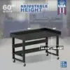 Image showcasing adjustable workbench and sizes for a 60" wide rolling garage workbench