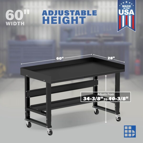 Image showcasing adjustable workbench and sizes for a 60" wide rolling garage workbench
