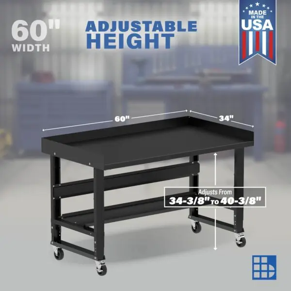 Image showcasing adjustable workbench and sizes for a 60" x 34" wide rolling garage workbench