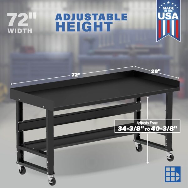 Image showcasing adjustable workbench and sizes for a 72" wide rolling garage workbench