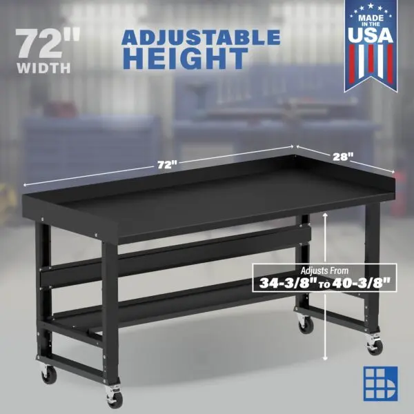 Image showcasing adjustable workbench and sizes for a 72" wide rolling garage workbench