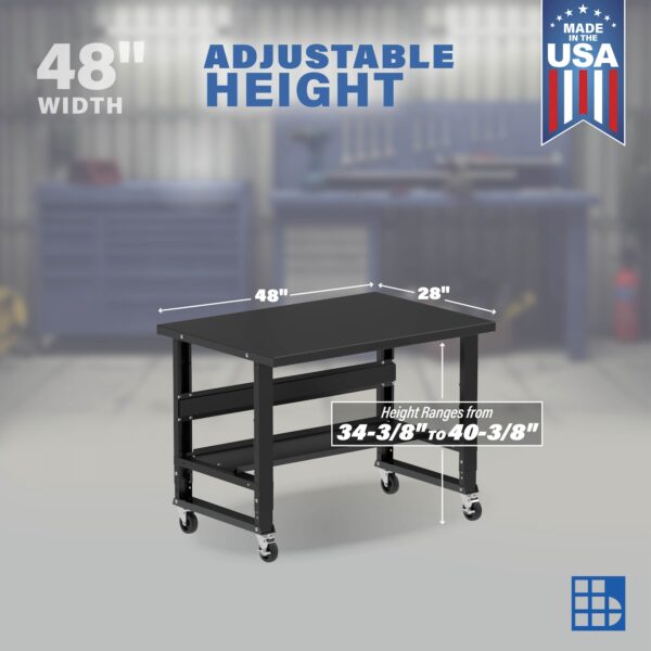 Image showcasing adjustable workbench and sizes for a 48" wide rolling steel workbench for sale